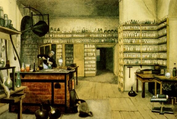Акварель Г. Мур. Фарадей за опытами в лаборатории, 1850-е гг.